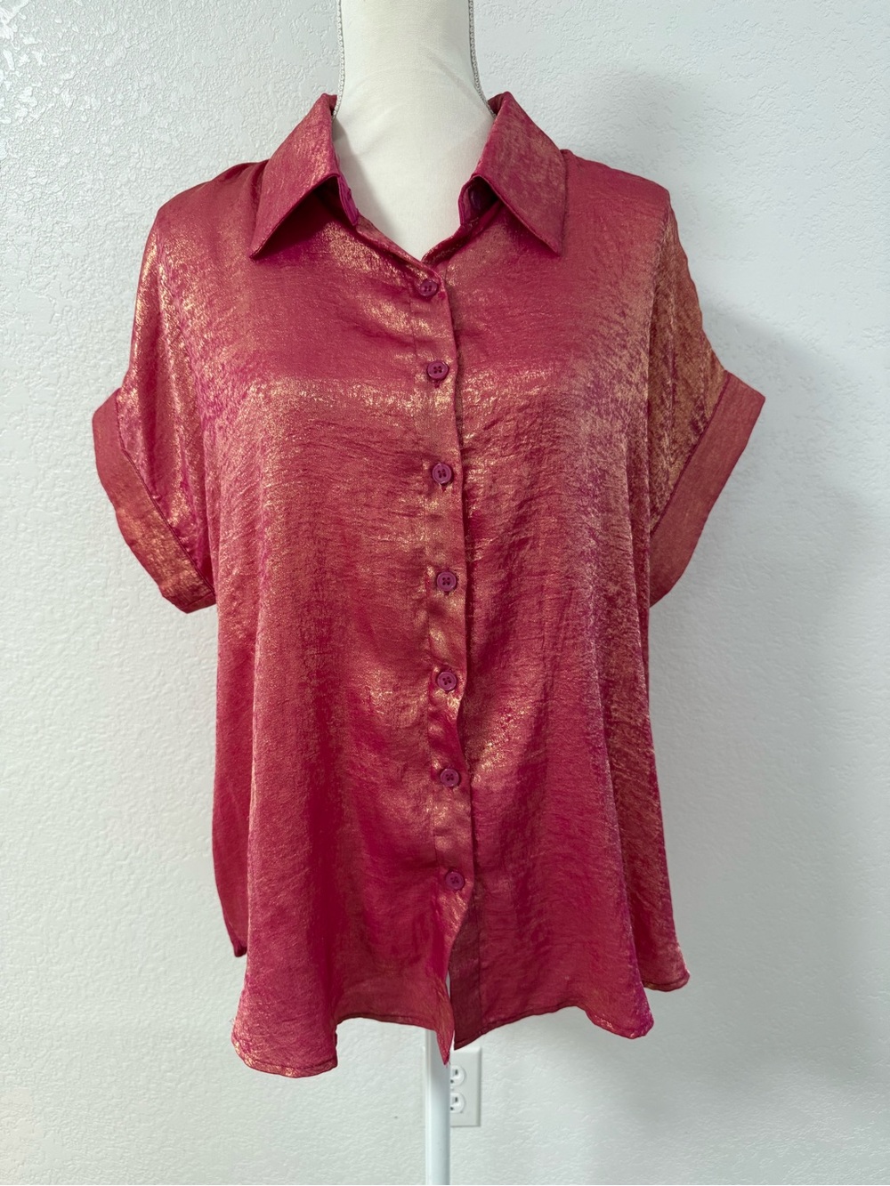 Pink Satin Button-Up Collared Short Sleeve Blouse Solid Polyester Women L